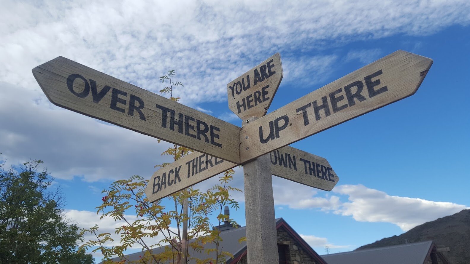 A signpost in Bulls, Manawatu, pointing every direction